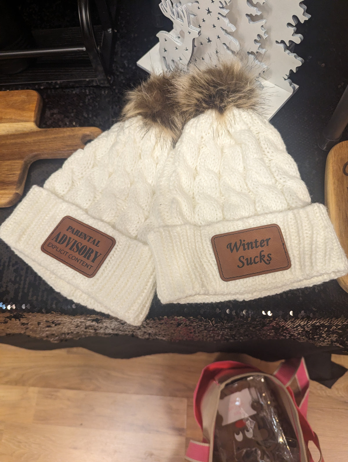 PomPom Beanies with Leatherette patches