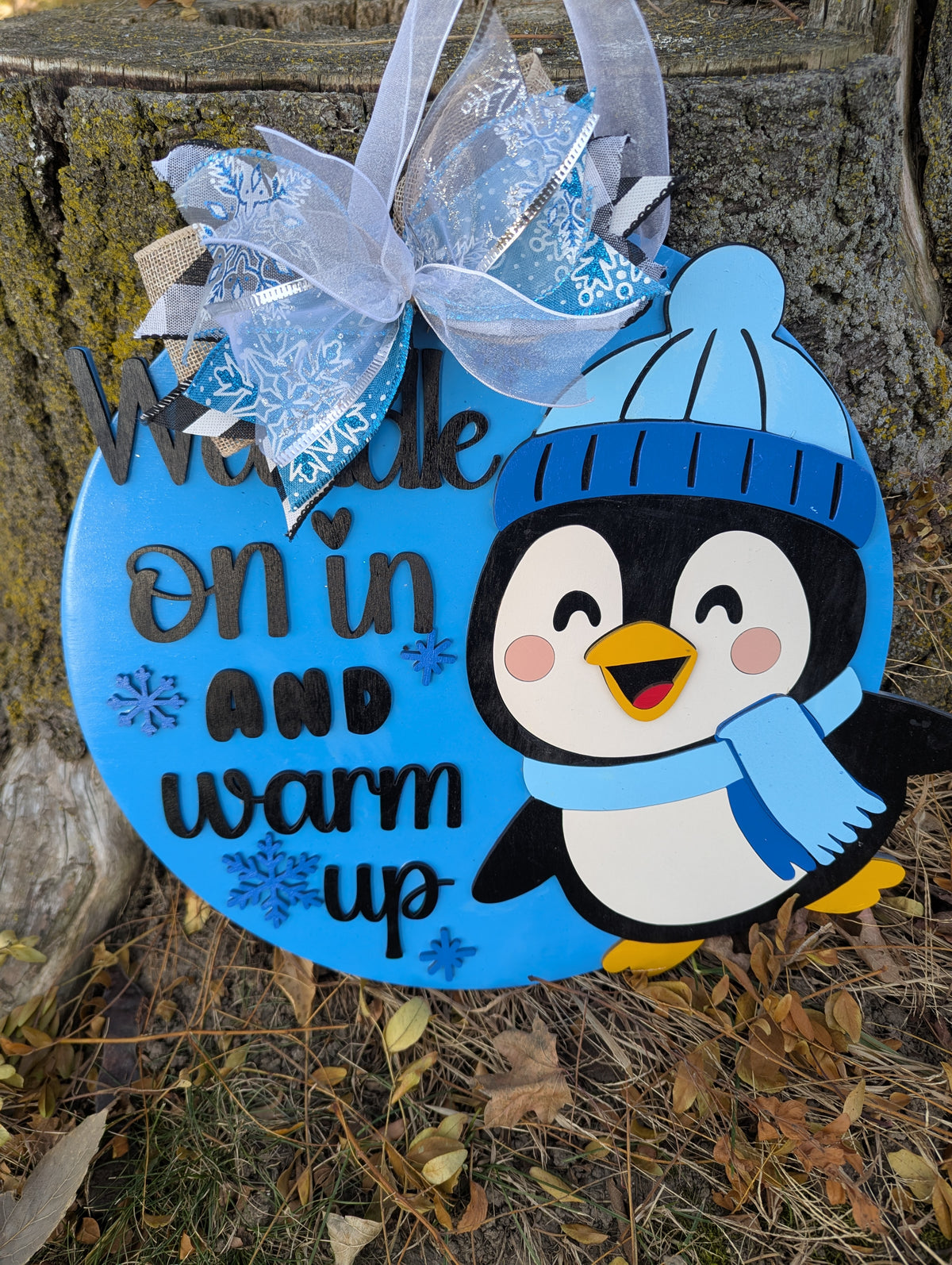 15” Winter Penguin Door Hanger | Welcome Snow In & Warm Up Sign | Handmade Wooden Round Winter Decor