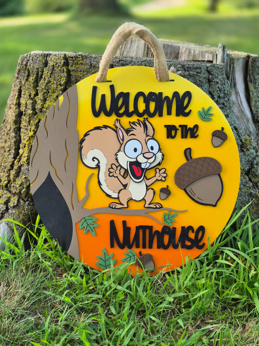 Welcome to the Nut House Door Hanger | Funny Squirrel Sign | Sunset Front Door Decor | 15 Inch Wooden Sign